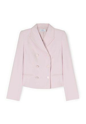 Lichtroze dubbelgeknoopt colbert met zes knopen, ingestikte revers, lange mouwen en twee voorzakken met een split.