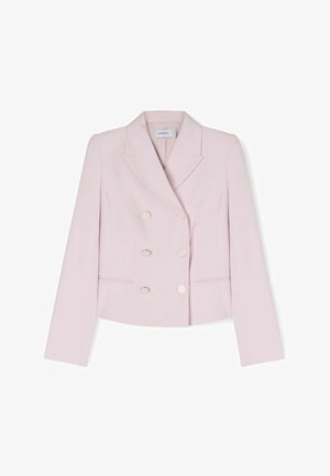 Hellrosa zweireihiger Blazer mit sechs Knöpfen, Reverskragen, langen Ärmeln und zwei vorderen Eingrifftaschen.