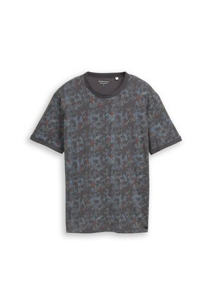 Donkergrijs T-shirt met korte mouwen, voorzien van een subtiel abstract patroon in blauw en rood, ronde hals en een gewone pasvorm.