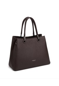 Donkerbruin, gestructureerde leren tote bag met dubbele handvatten en zilveren metalen ringaccenten, klein "DIANA&CO FIRENZE" logo aan de voorkant.