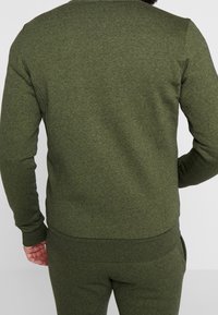 Světle zelená mikina vyrobená z texturované tkaniny, s kulatým výstřihem a žebrovanými manžetami. Pohled zezadu ukazuje přiléhavý siluetu bez ozdob.