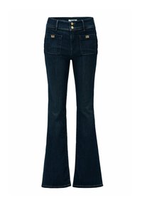 Jeans de campana en azul oscuro, hechos de denim. Presentan una cintura alta, dos bolsillos frontales y detalles de botones metálicos. Textura suave, diseño clásico.