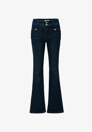 Jeans de campana en azul oscuro, hechos de denim. Presentan una cintura alta, dos bolsillos frontales y detalles de botones metálicos. Textura suave, diseño clásico.