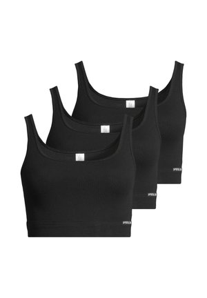 Drei schwarze Sport-BHs aus dehnbarem Material, mit einem Rundhalsausschnitt, breiten Trägern und einem sichtbaren Markenetikett am Saum.