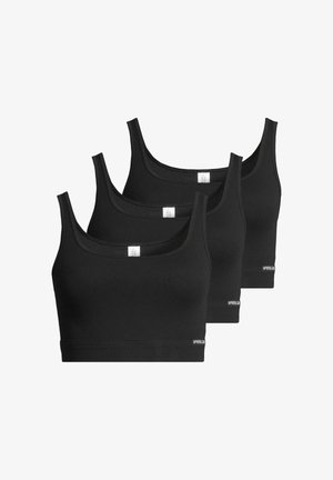 Three black sports bras made of stretchy fabric, featuring a scoop neckline, wide shoulder straps, and a visible brand label at the hem.