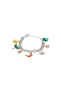 Silver charm bracelet with colorful floral and bird charms, featuring yellow, green, orange, and pink accents. Chain links are sturdy and textured.