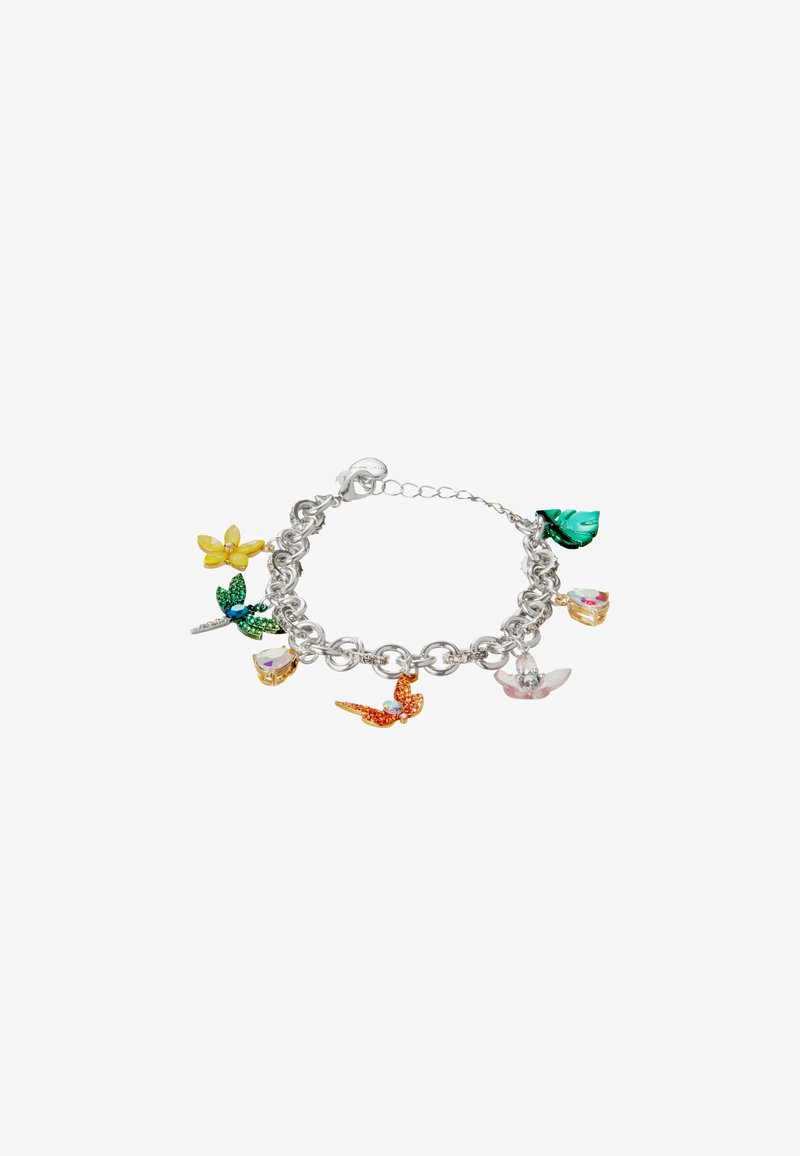 Silver charm bracelet with colorful floral and bird charms, featuring yellow, green, orange, and pink accents. Chain links are sturdy and textured.