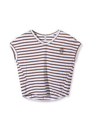 Gestreiftes weiß-braunes T-Shirt mit rundem Halsausschnitt und kurzen Ärmeln. Verfügt über ein kleines Logo auf der Vorderseite und eine lockere Passform.
