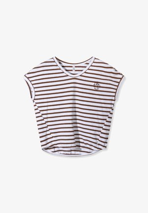 Stribet hvid og brun t-shirt med rund halsudskæring og korte ærmer. Har et lille logo foran og en afslappet pasform.
