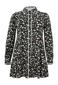 Schwarzes Blumenkleid mit langen Ärmeln, weißem Blumenmuster, Knopfverschluss vorne, plissiertem Rock und Spitzenverzierungen entlang des Kragens und der Manschetten.