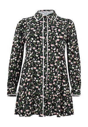 Sort blomsterkjole med lange ærmer, hvidt blomsterprint, knaplukning foran, plisseret skørt og blonderdetaljer langs kraven og ærmerne.