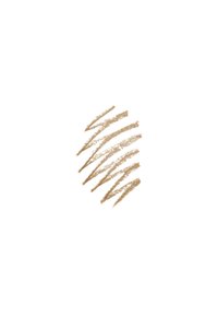 Marque de crayon cosmétique beige avec une épaisseur variable, affichée sur un fond blanc, présentant des lignes douces et texturées.