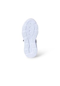 Czarna, sportowa podeszwa buta z teksturowanej białej gumy, z wzorzystym bieżnikiem zapewniającym przyczepność i stabilność. Gładka krawędź wokół obwodu.