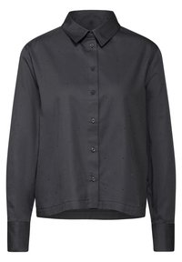 Zwarte lange mouwen shirt met een knoopsluiting aan de voorkant, klassieke kraag en kleine glanzende stippen door de stof heen. Soepele textuur.