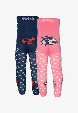 Two pairs of children's tights: one navy blue with white polka dots and a ladybug design, and one pink with white dots and a ladybug motif.