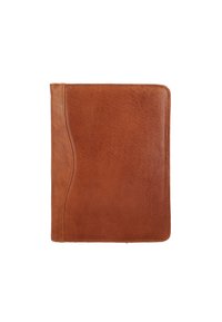 Cuaderno de cuero marrón con un acabado texturizado y un diseño de bordes curvados. Presenta costuras a lo largo de los bordes y una cubierta suave.