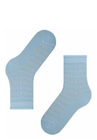 Hellblaue Knöchelsocken aus weichem Material, mit einem strukturierten Design und filigranen Mustern sowie einem sanften Rippbund.
