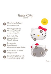 Hello Kitty-shaped facial cleansing device with silicone bristles, magnetic charging, and features for deep cleaning, skin firming, and anti-aging.