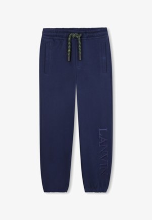 Marineblauwe joggingbroek met elastische tailleband, groen-zwarte trekkoord, zijzakken, elastische boorden en "LANVIN" verticaal geborduurd op het linkerbeen.
