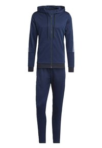 Tuta da ginnastica blu navy realizzata in un tessuto leggero, con felpa con zip e cappuccio regolabile, polsini elasticizzati e pantaloni affusolati abbinati.