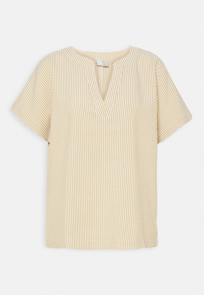 Blouse à manches courtes rayée verticale beige clair et blanche avec un col en V fendu et une coupe décontractée.