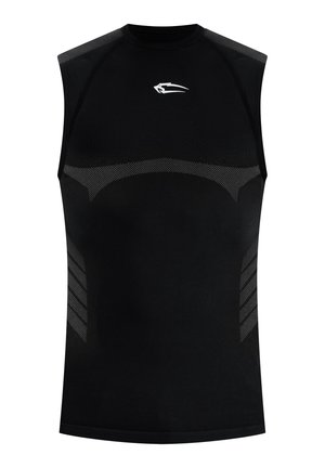 Schwarzes, ärmelloses Sportshirt mit grauen Netzmustern und kleinem weißen, stilisierten Logo auf der Brust, Vorderansicht.