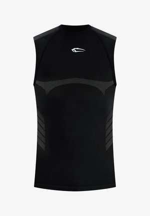 Schwarzes, ärmelloses Sportshirt mit grauen Netzmustern und kleinem weißen, stilisierten Logo auf der Brust, Vorderansicht.