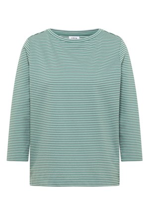 Grünes und weißes, dünn gestreiftes Langarmhemd mit Rundhalsausschnitt.