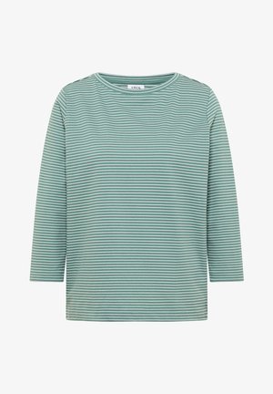 Zielono-biała, cienka, poziomo prążkowana koszula z długim rękawem i okrągłym dekoltem.