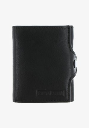 Portefeuille trifold en cuir noir avec fermeture à pression et logo "bruno banani" en relief dans le coin inférieur droit.