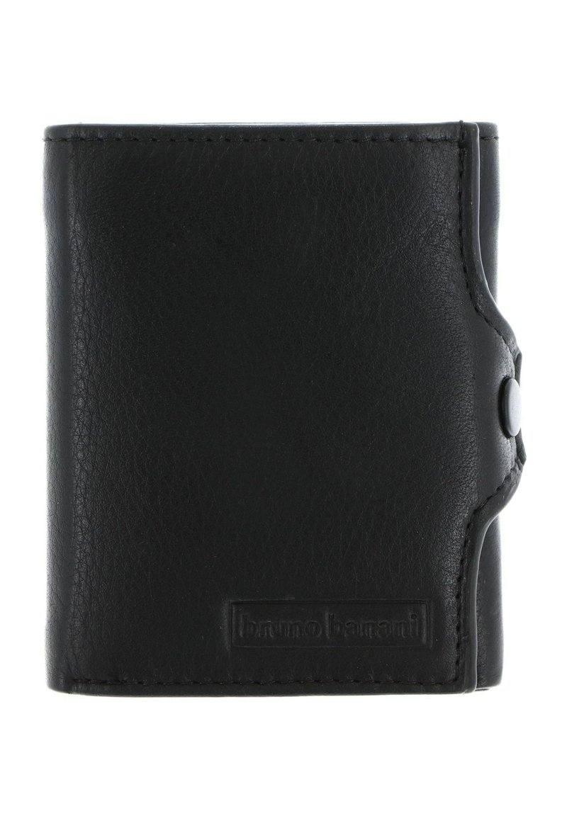Portefeuille trifold en cuir noir avec fermeture à pression et logo "bruno banani" en relief dans le coin inférieur droit.