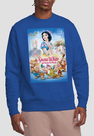 Blue sweatshirt featuring a vibrant graphic of Snow White and the Seven Dwarfs, with a bold, colorful design and smooth texture.