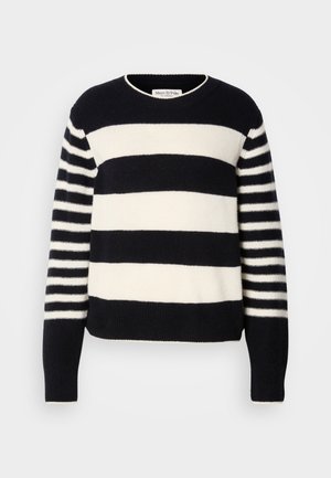 Tumši zili un krēma svītrainais džemperis ar apaļu kaklu, kas piedāvā biezu horizontālu rakstu un plānus vertikālos svītru piedurknes.