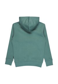 Grüne Kapuzenjacke mit einer glatten Textur, Kängurutasche, gerippten Bündchen und Saum. Verfügt über ein nahtloses Rückendesign.