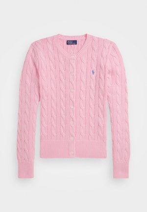 Pink knit cardigan featuring a cable pattern, round neckline, button closure, and ribbed cuffs and hem. Small logo on the left chest.