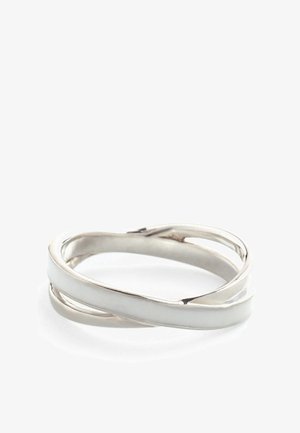 Silver ring with intertwined design, featuring a polished, shiny finish and a white accent band. Smooth texture and rounded edges.