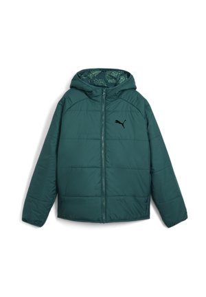 Veste matelassée vert sarcelle avec capuche, fermeture éclair avant et logo Puma noir sur la poitrine gauche, avec doublure intérieure à motifs.