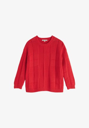 Pull rouge en tricot avec un motif à carreaux, manches longues, poignets côtelés, ourlet et col rond, présenté sur un fond blanc.