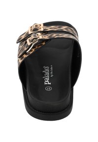 Leopardenmuster-Sandale mit zwei verstellbaren metallischen Schnallen, schwarzem Gummisohle und einem gepolsterten Fußbett für Komfort.