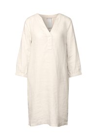 Leinenkleid in Off-White, mit V-Ausschnitt, drei Viertel-Ärmeln mit gerafften Manschetten und gerader Silhouette. Minimalistisches Design.