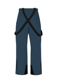 Weerbestendige blauwe broek met zwarte accenten, verstelbare banden die op de rug kruisen, wijde pijpen en zijzakken voor opslag.