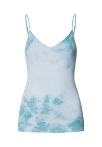 Světle modrý tie-dye tílko s tenkými nastavovacími ramínky, vybavené v-výstřihem a jemnou, hladkou texturou látky.