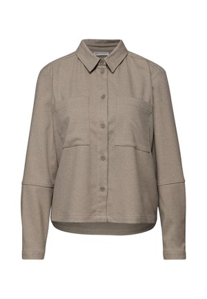 Chemise kaki à boutons avec manches longues, deux poches poitrine et un col classique. Fabriquée dans un tissu texturé, offrant une coupe décontractée.