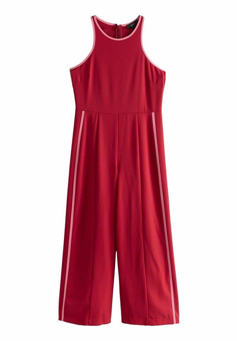 Röd kläddress med hög halsringning, ärmlös design och vida ben. Har kontrasterande rosa sidostråk och en dragkedja på baksidan.