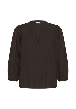Blouse marron foncé à manches longues avec encolure en V et manches froncées avec poignets élastiques, coupe ample.
