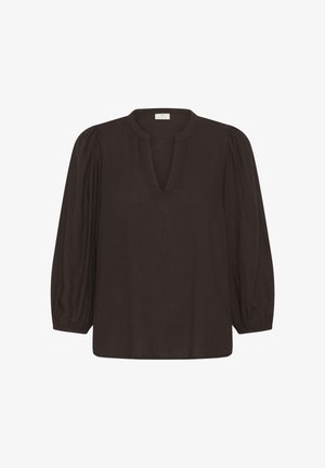 Blouse marron foncé à manches longues avec encolure en V et manches froncées avec poignets élastiques, coupe ample.