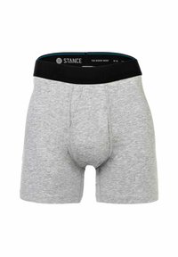 Gray cotton boxer brief with a contrasting black elastic waistband. Features a contoured pouch and smooth fabric texture.