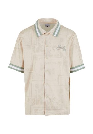 Short-sleeve button-up shirt in light beige with an all-over subtle pattern, green and white striped collar and cuffs, and embroidered logo detail.