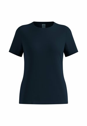 T-shirt bleu marine à manches courtes avec col rond, coupe ajustée, design uni sans motifs ni logos visibles.