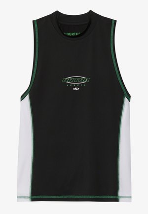 Black sleeveless sports top with green stitching and logo, featuring white side panels and a high crew neckline, made of stretchy material.